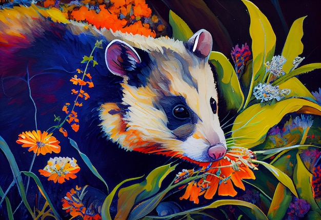 painting of a possl eating a flower in a field of flowers generative ai