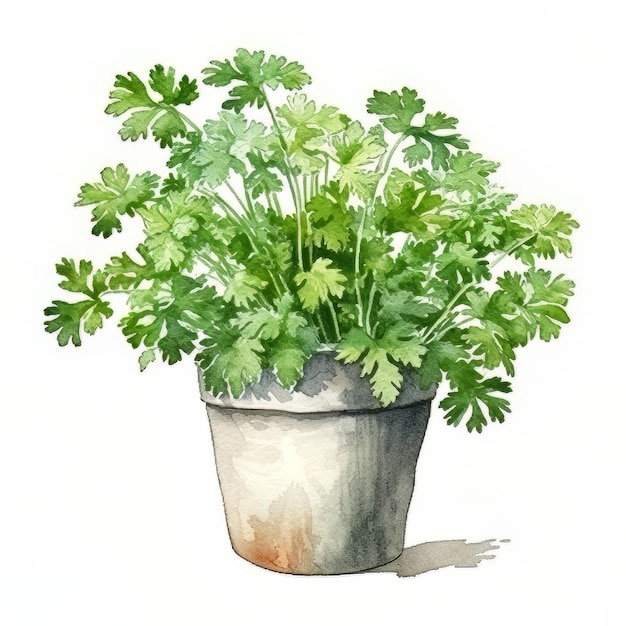 A painting of a pot of parsley with a green leaf.