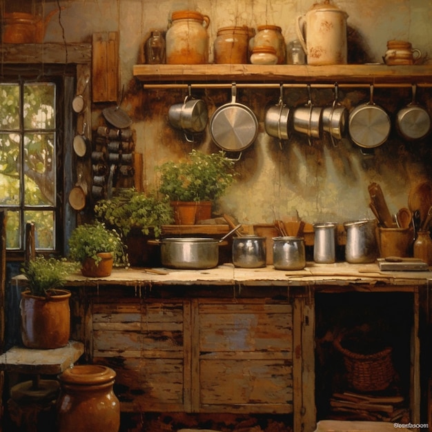 A painting of pots and pans on a shelf with a wooden shelf.