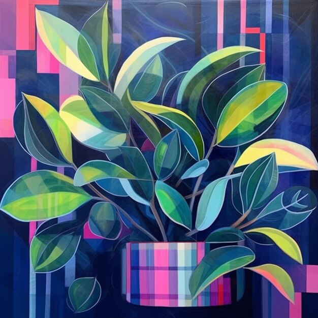 Painting of a potted plant with green leaves on a colorful background generative ai