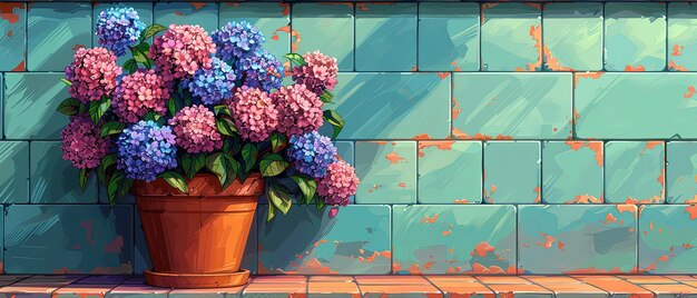 Photo a painting of a potted plant with purple and blue flowers