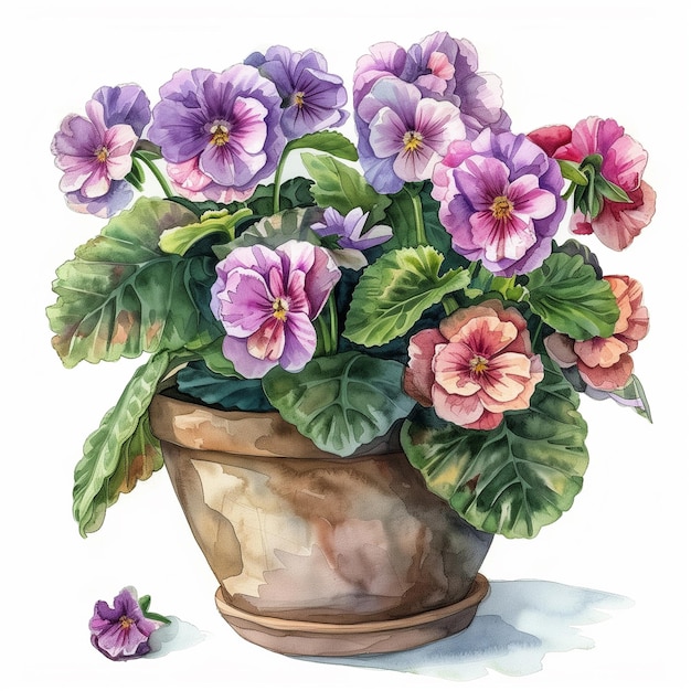 painting of a potted plant with purple and pink flowers generative ai