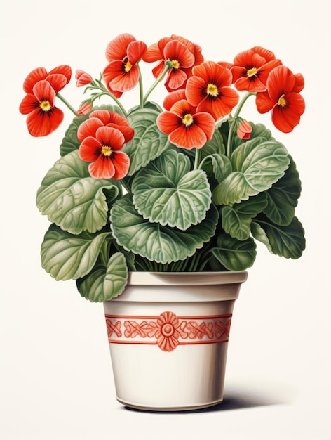 A painting of a potted plant with red flowers primrose flower pot primrose flower pot