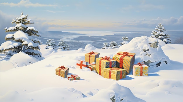 A painting of presents in the snow