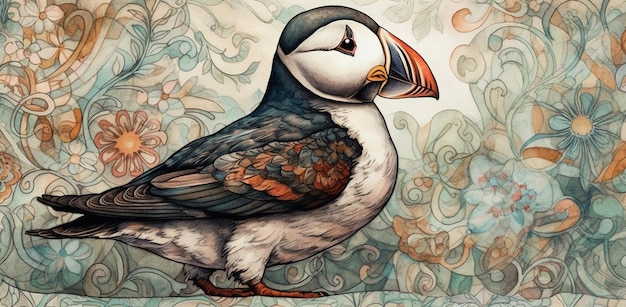 painting of a puffin bird with a colorful beak and a flowered background generative ai