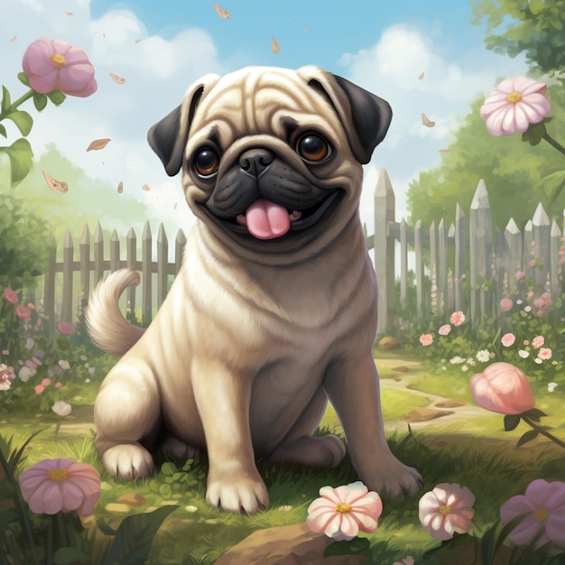 painting of a pug dog sitting in a garden with flowers generative ai