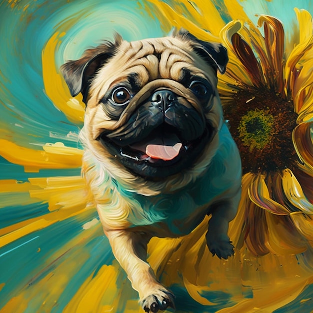 A painting of a pug dog with a blue shirt that says " pug ".
