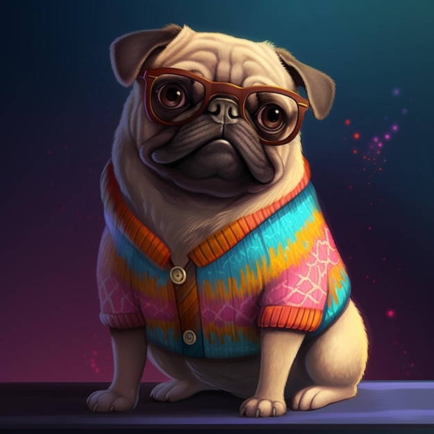 painting of a pug wearing a sweater and glasses sitting on a ledge generative ai