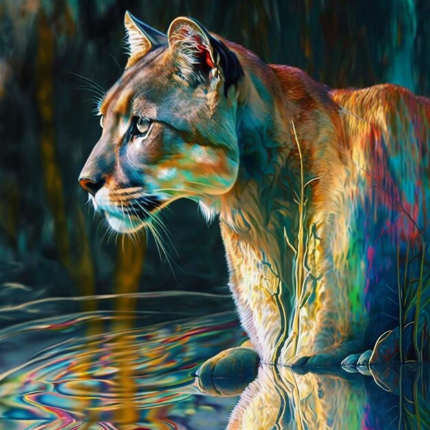 A painting of a puma in a pond