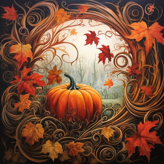 Painting of a pumpkin surrounded by fall leaves in a circular frame generative ai