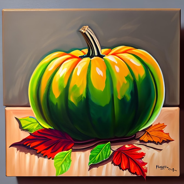 Photo a painting of a pumpkin with leaves on it