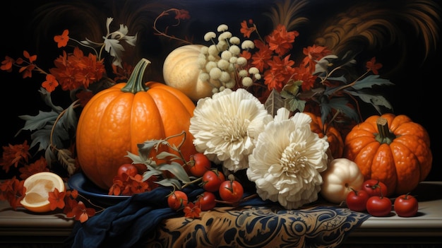 A painting of pumpkins flowers and other fruit on a table ai