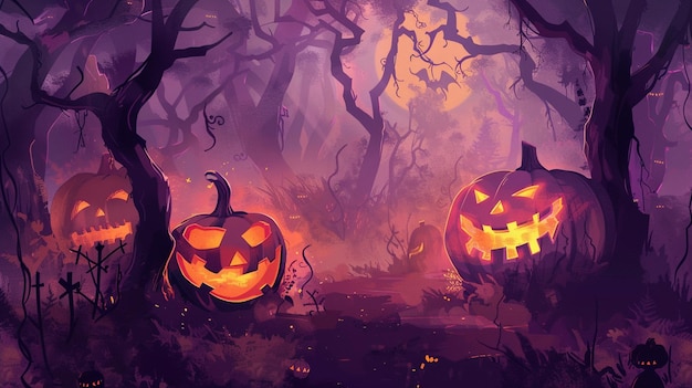 a painting of pumpkins in a forest with a spooky ghost on the top