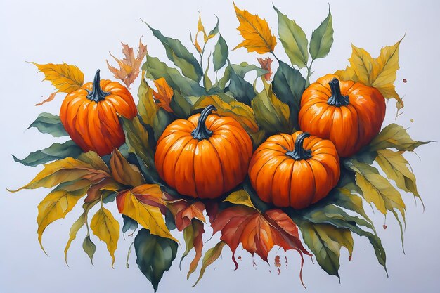 A painting of pumpkins and leaves