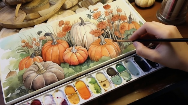 Photo painting pumpkins with watercolors