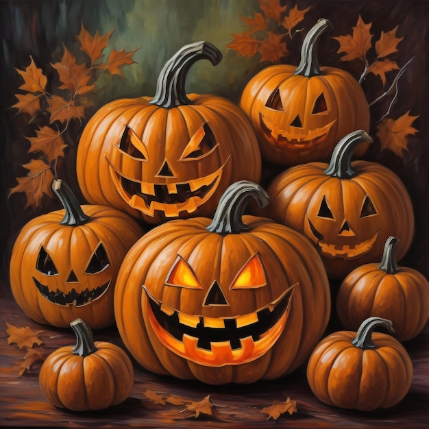 A painting of pumpkins with the word halloween on the front.