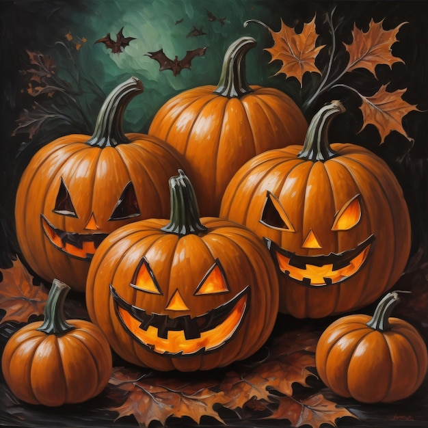 A painting of pumpkins with the words " halloween " on the front.