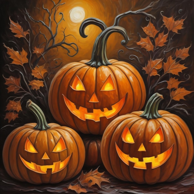 A painting of pumpkins with the words halloween on the front.