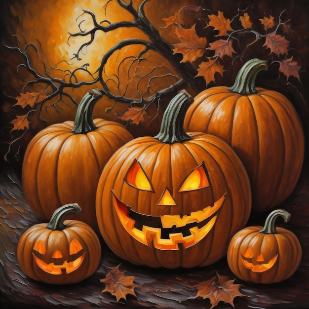 A painting of pumpkins with the words halloween on the front.