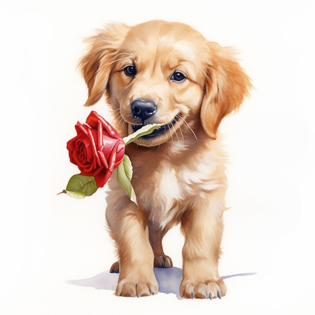 painting of a puppy holding a rose in its mouth generative ai