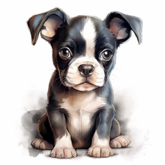 Painting of a puppy sitting on the ground looking at the camera generative ai