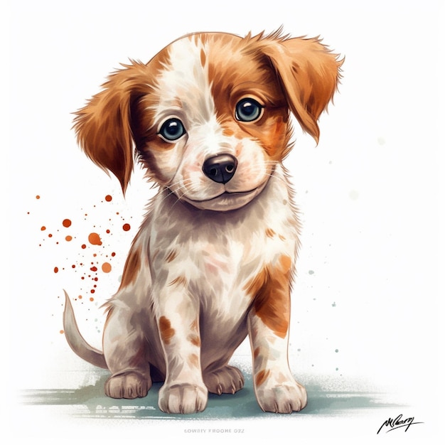 Painting of a puppy sitting on the ground with a splattered paint splatter generative ai