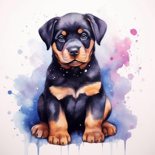 painting of a puppy sitting on a white surface with a blue and pink background generative ai