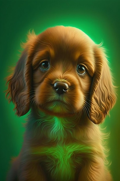 A painting of a puppy with sad eyes.