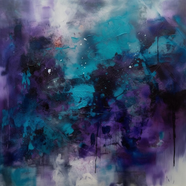 A painting of a purple and blue abstract painting with a white background and a blue background.