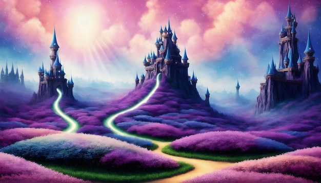 A painting of a purple castle with the word " the word " on it.