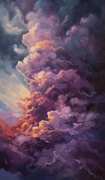 A painting of a purple cloud with the sun shining on it.