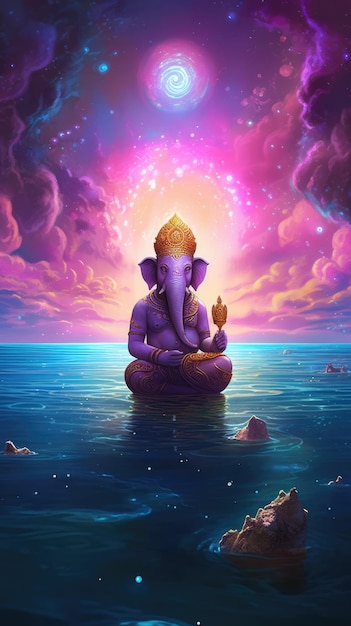 A painting of a purple elephant sitting in the water with the words " god " on it.