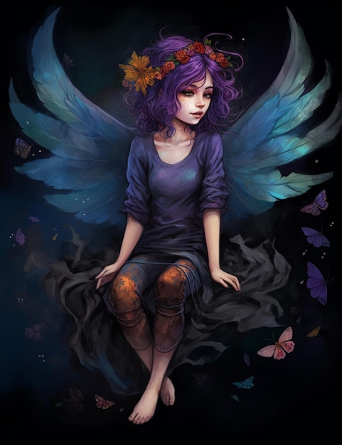 A painting of a purple fairy with purple hair and a butterfly on her wings.