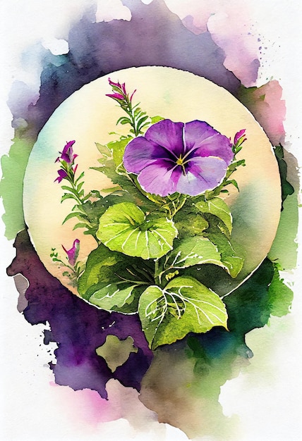 A painting of a purple flower in a circle.