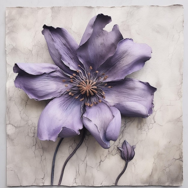 A painting of a purple flower with the word " on it.