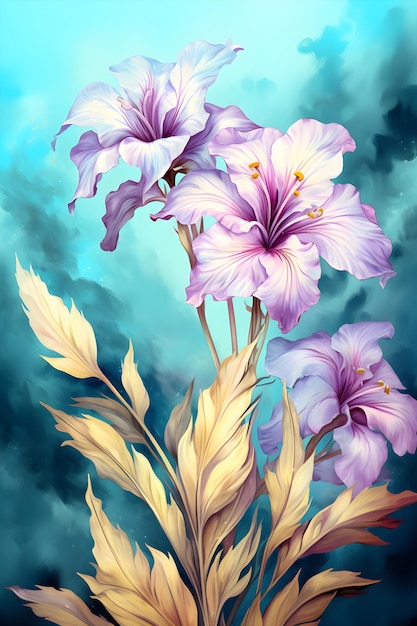 a painting of purple flowers on a blue background Watercolor Painting of a Cyan color flower