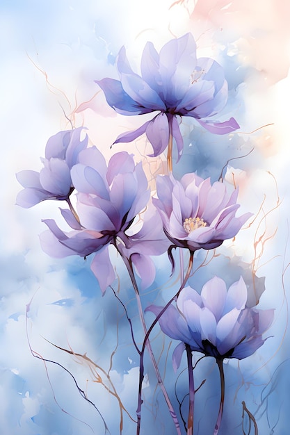 a painting of purple flowers on a blue background Watercolor Painting Dodger Blue Cyclamen Perfect