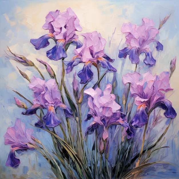 Painting of purple flowers in a vase on a blue background generative ai