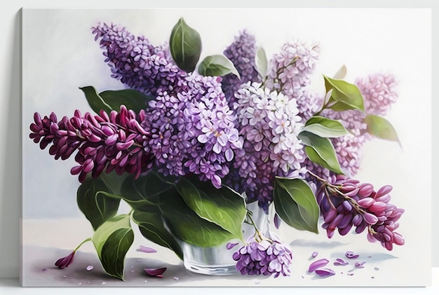 A painting of purple flowers in a vase with leaves on it.