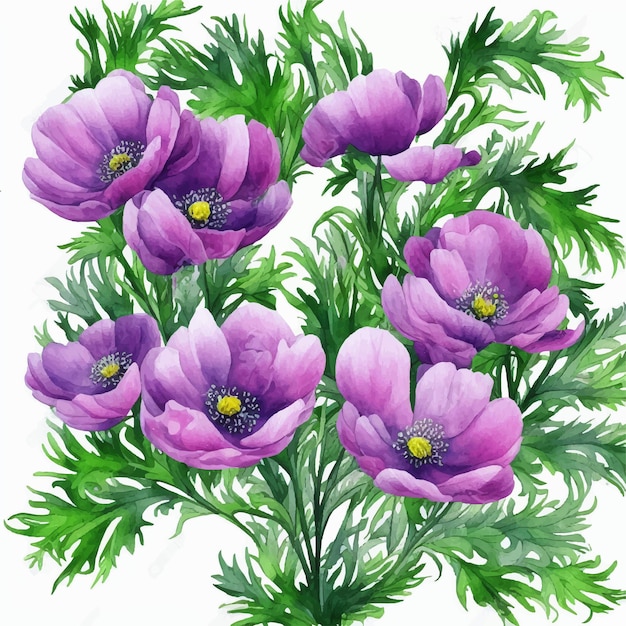 Картина фиолетовых цветов с зелеными листьями на белом фоне