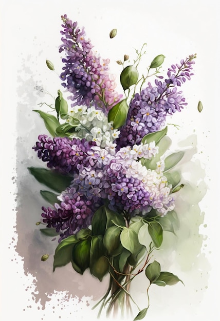 A painting of purple flowers with green leaves and the word lilac on it.