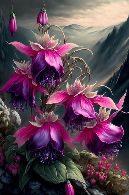 Painting of purple flowers with mountains in the background generative ai