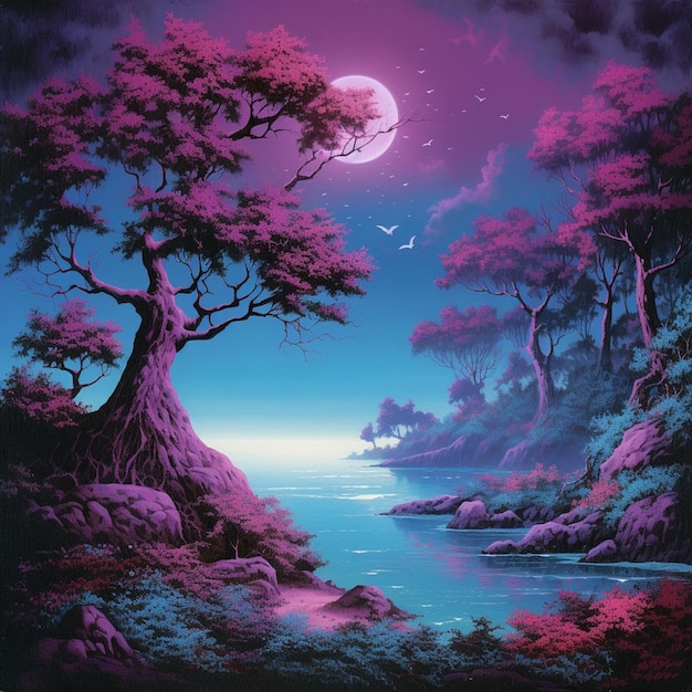 Painting of a purple forest with a river and a full moon generative ai