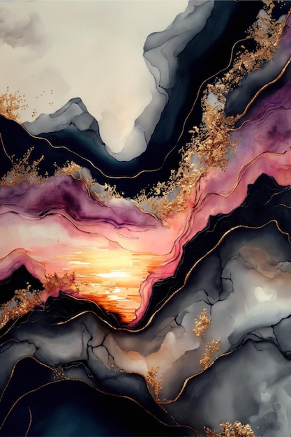 A painting of a purple and gold marble with a sunset in the background.