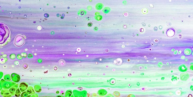 A painting of a purple and green background with the words