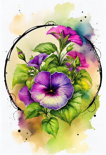 A painting of purple and green pansies.