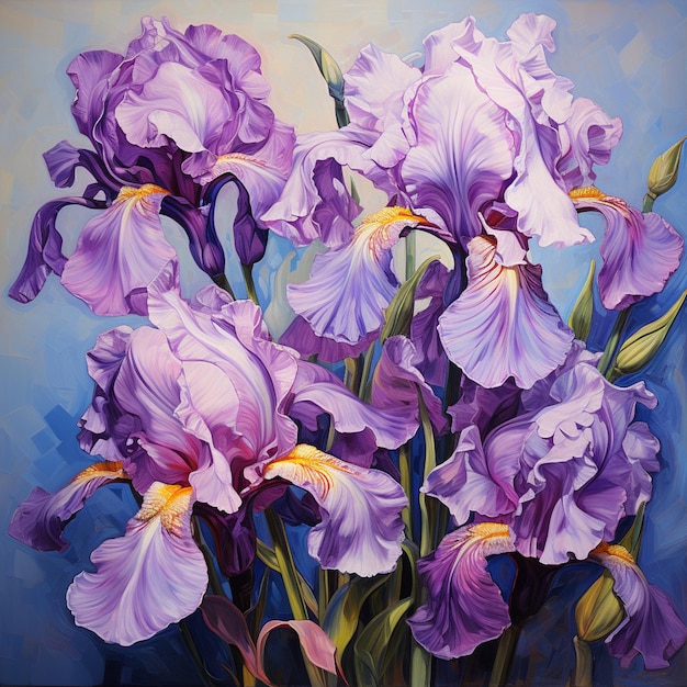 Painting of purple irises against a blue background generative ai