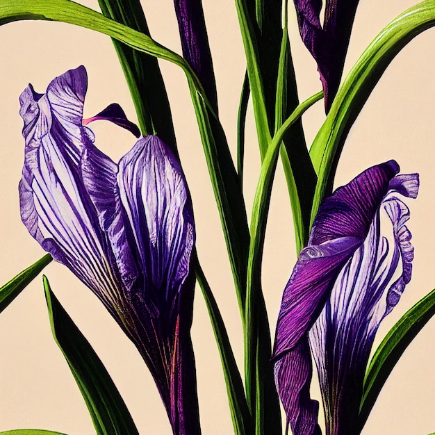 Photo a painting of purple irises with green stems and green leaves.