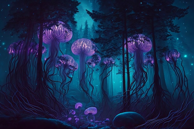 A painting of purple jellyfish in a forest