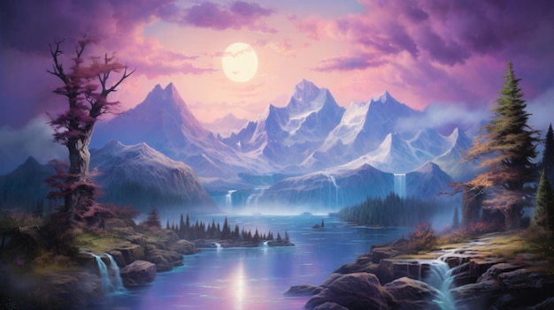Картина фиолетового пейзажа с горами